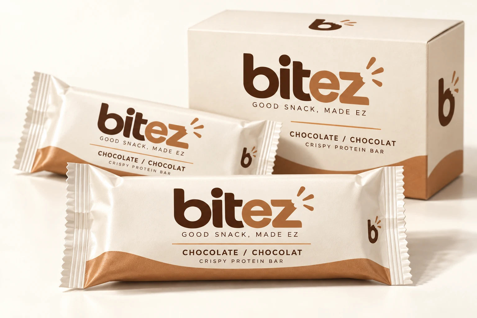 Cream and caramel Bitez chocolate bar wrappers with a matching multipack box